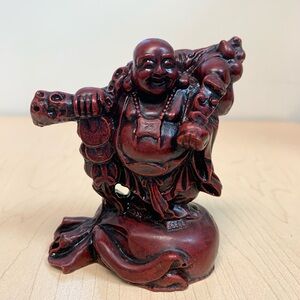 Vintage Chinese Laughing Smile Happy Money Buddha Red Resin Figurine Feng Shui
